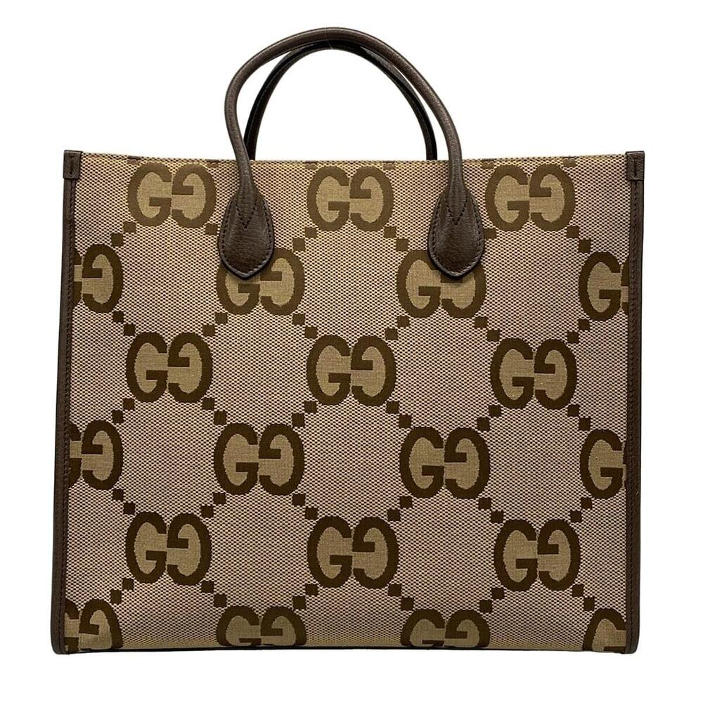 GUCCI Jumbo GG Tote Bag Beige Dark Brown Leather